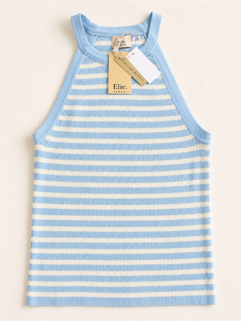 Elie Tahari Light Blue & White Ribbed Stripe Tank